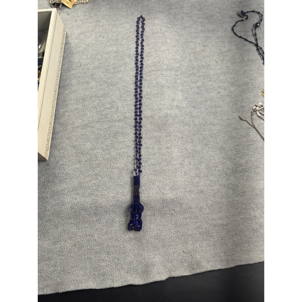 Vintage Cobalt Blue Hand Beaded Tassel Lariat Necklace Boho Seed Bead 38 Inch